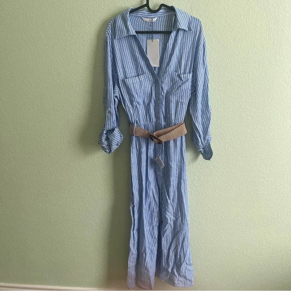Zara Belted Linen Midi Shirt Dress V-Neck Tab Sleeve Striped Blue White Size XL